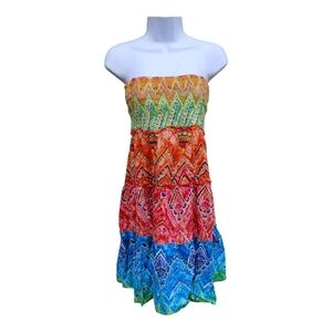 Venus Boho Summer Strapless Mini Dress Orange Blue Green Size Large